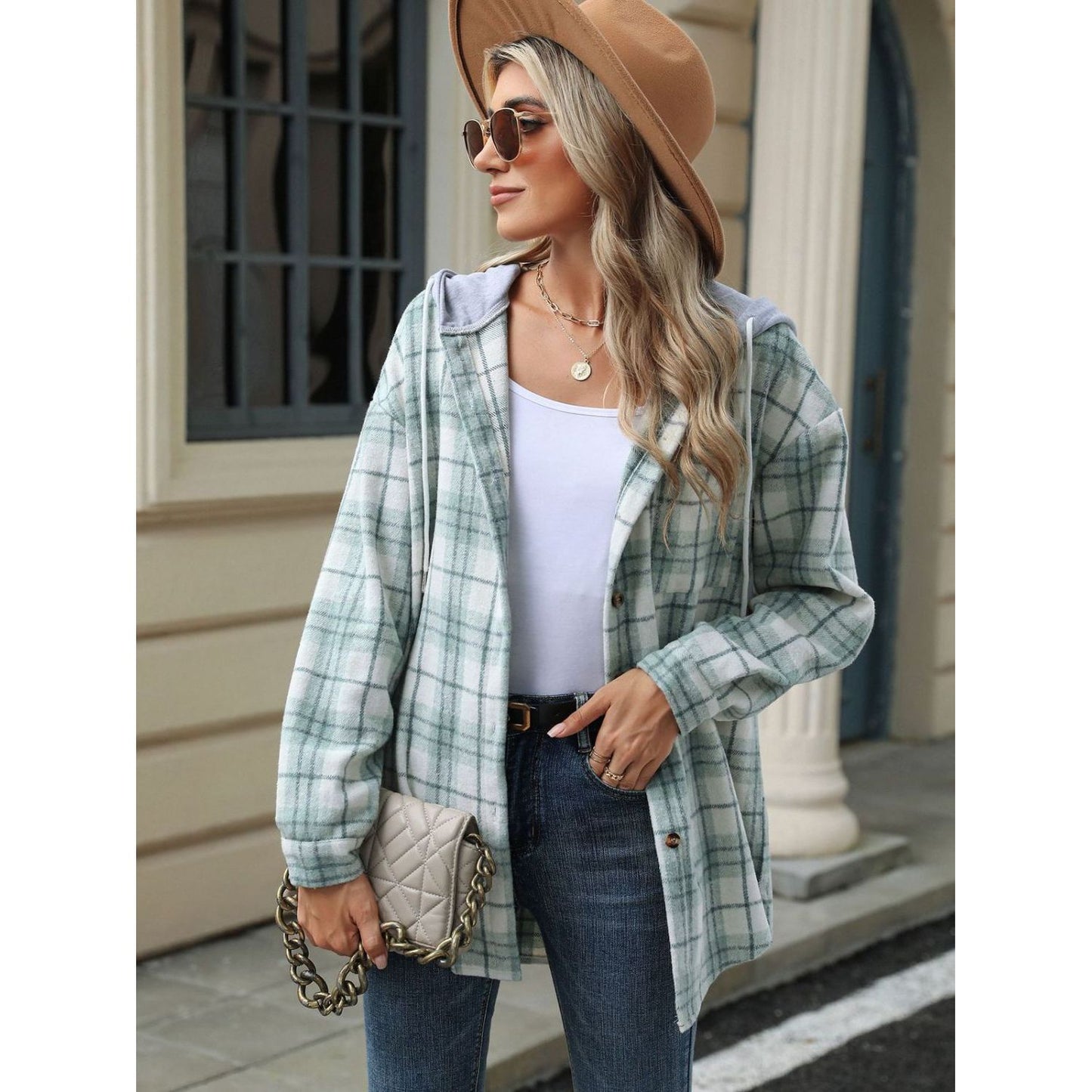 Drawstring Plaid Button Up Hooded Jacket