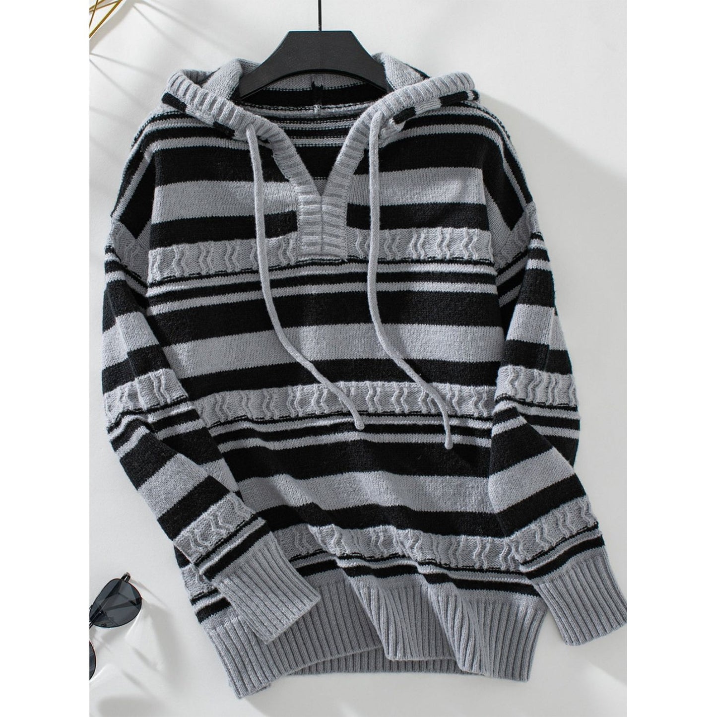 Drawstring Striped Long Sleeve Hooded Sweater