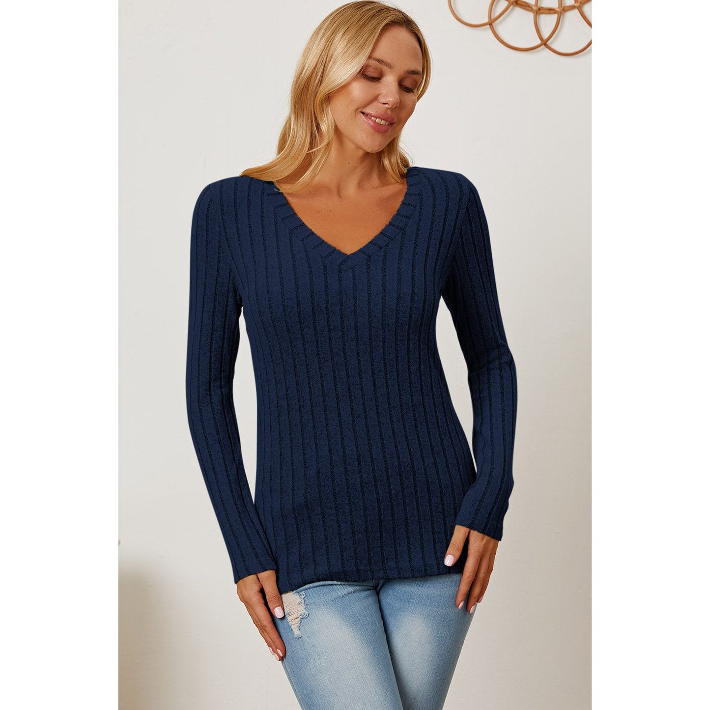 Basic Bae Full Size Ribbed V-Neck Long Sleeve T-Shirt