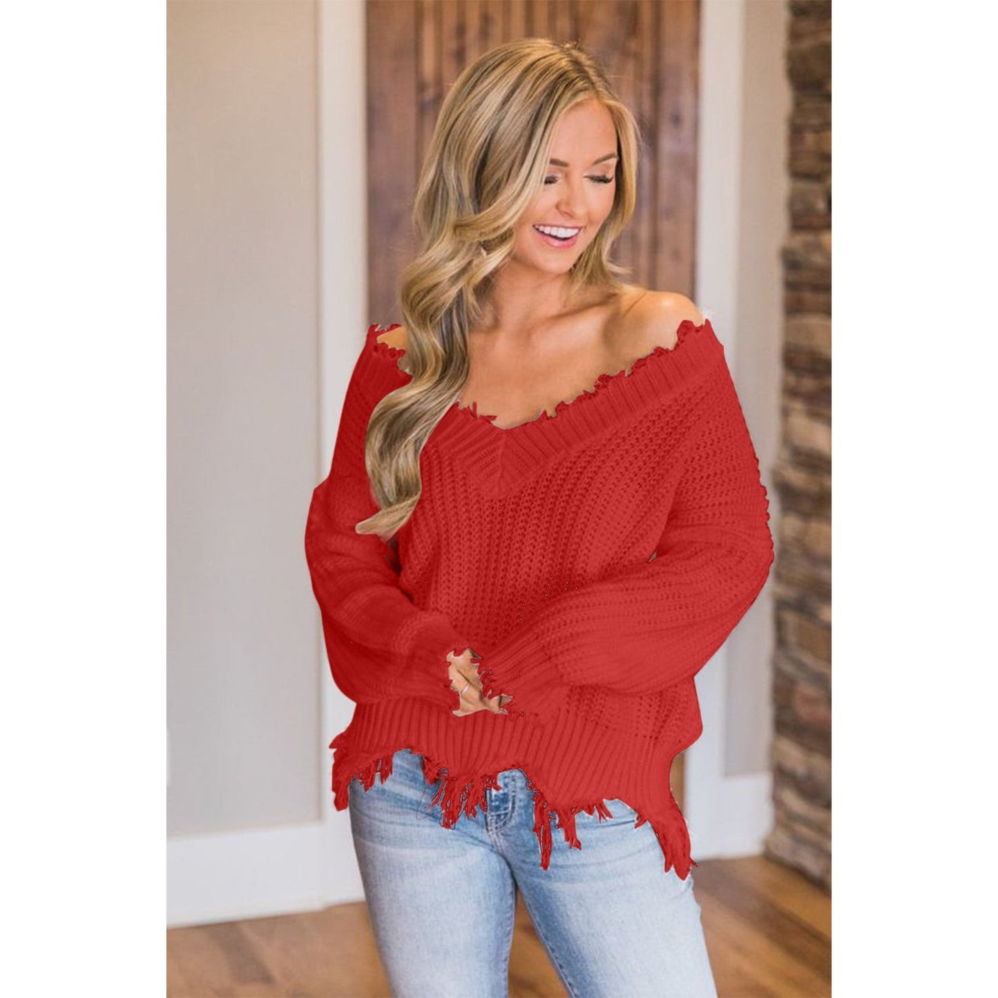 Frayed Hem Dropped Shoulder Sweater