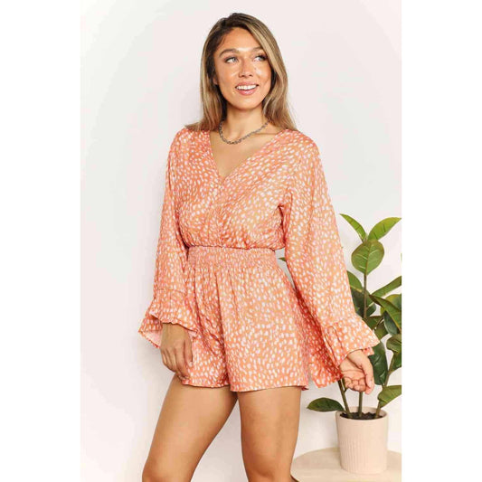 Double Take Printed Flare Sleeve Surplice Romper