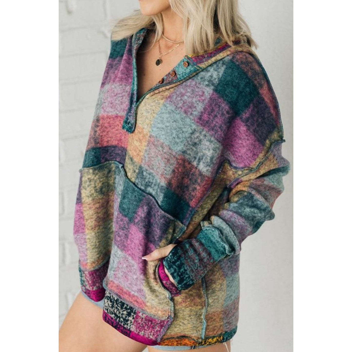 Multicolor Brushed Plaid Buttoned Pullover Oversized Hoodie