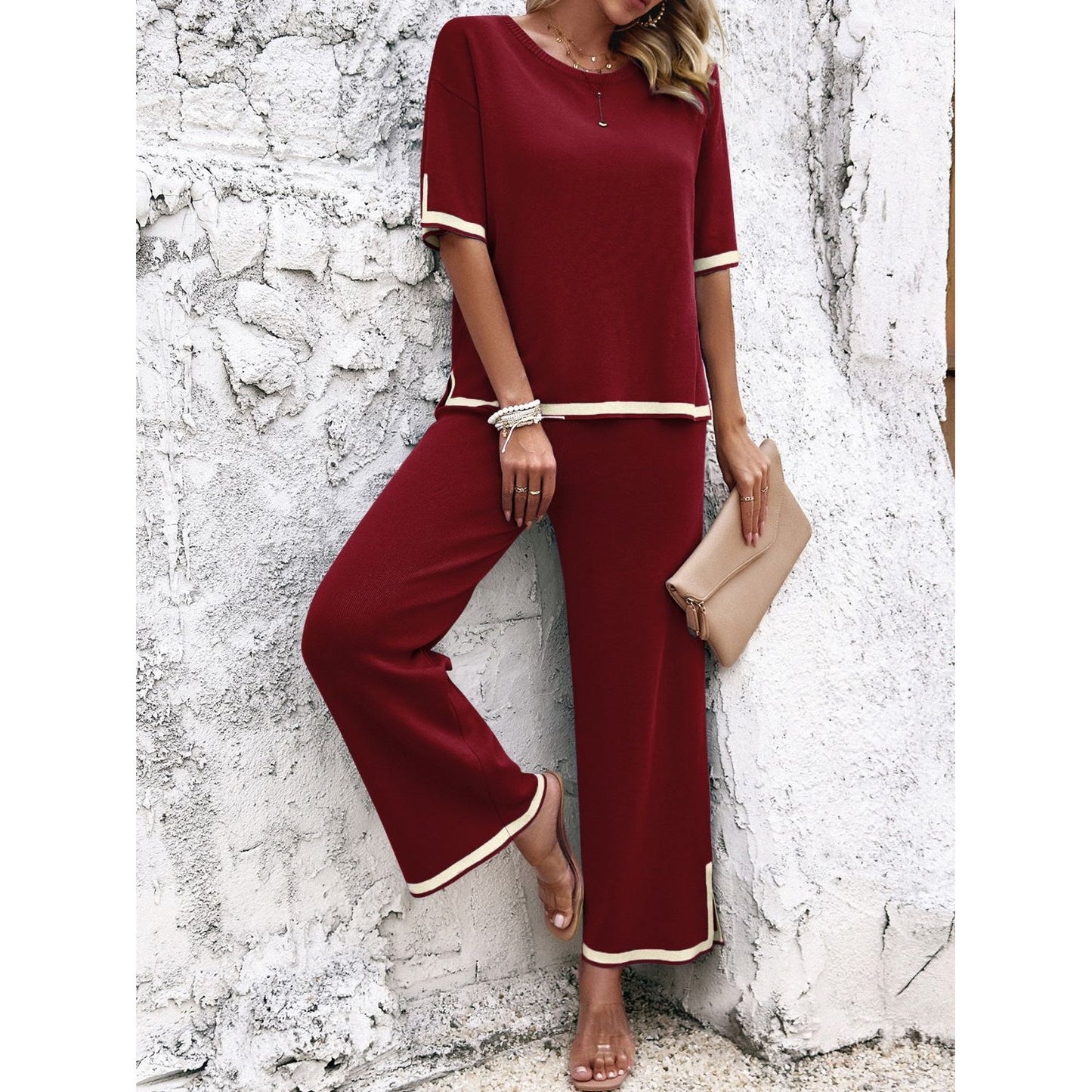 Contrast Trim Round Neck Top and Pants Set