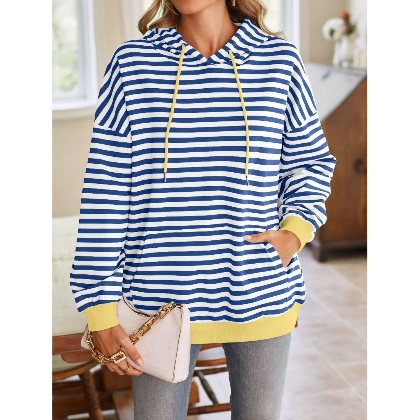 Lovelet Drawstring Striped Long Sleeve Hoodie