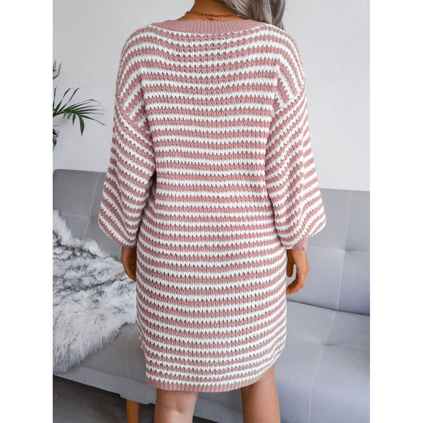 Striped V-Neck Long Sleeve Mini Sweater Dress