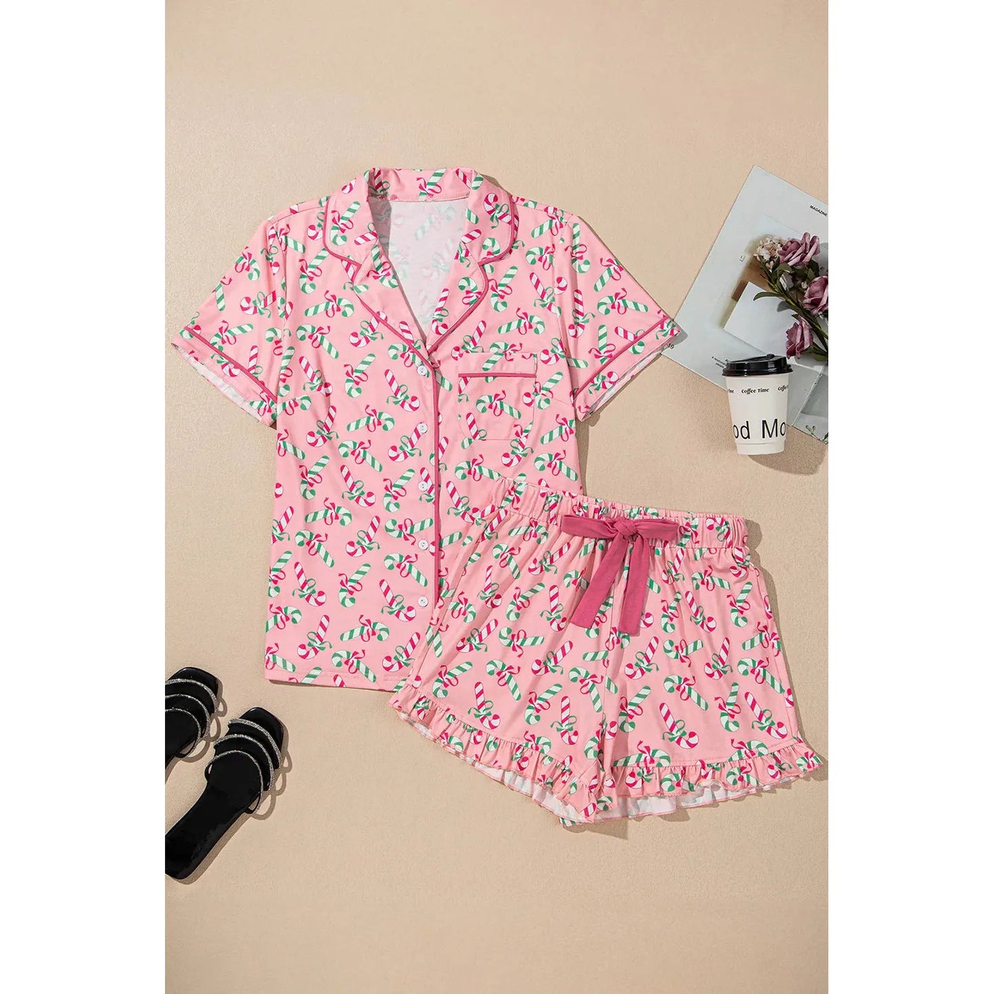 Candy Cane Collared Neck Top and Shorts Lounge Set