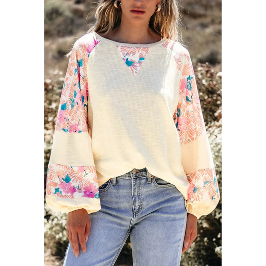 Printed Round Neck Balloon Sleeve Blouse