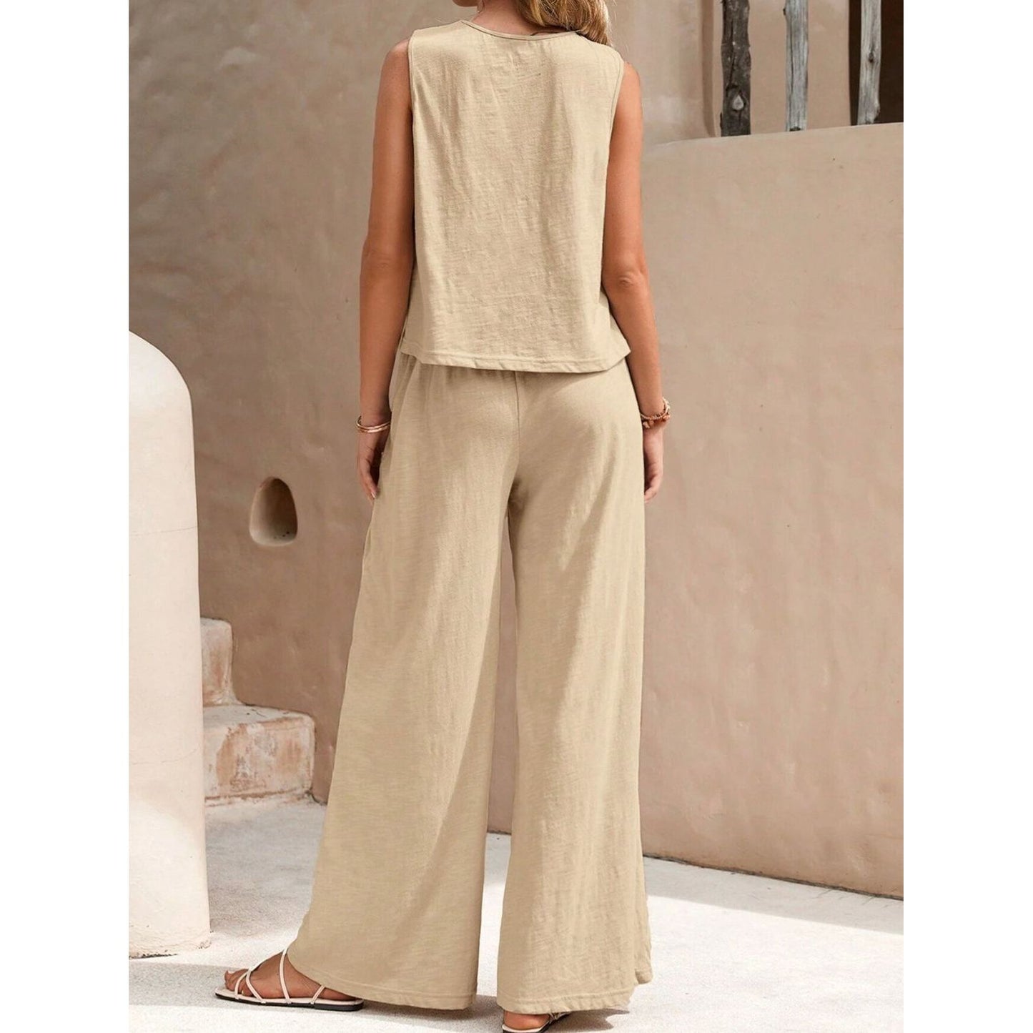 Round Neck Sleeveless Top and Wide Leg Pants Set