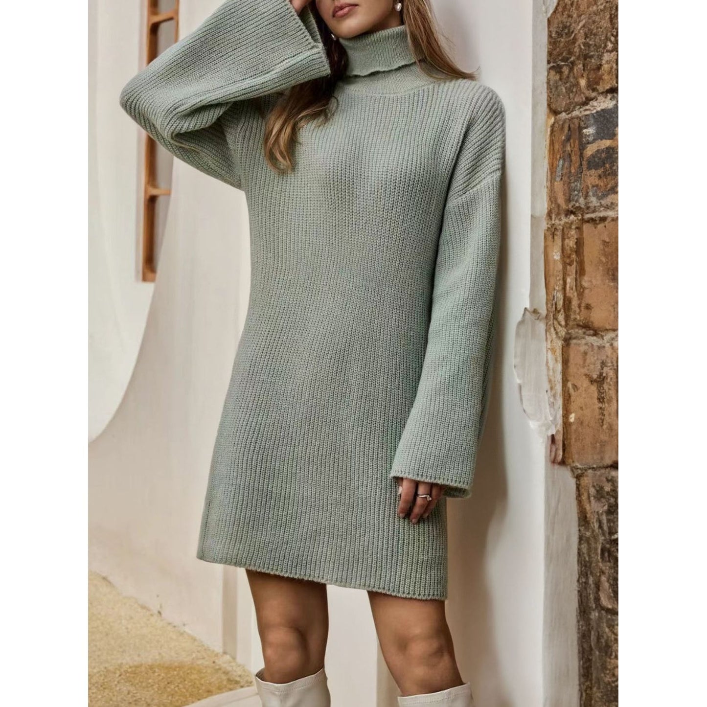 Turtleneck Dropped Shoulder Sweater Dress