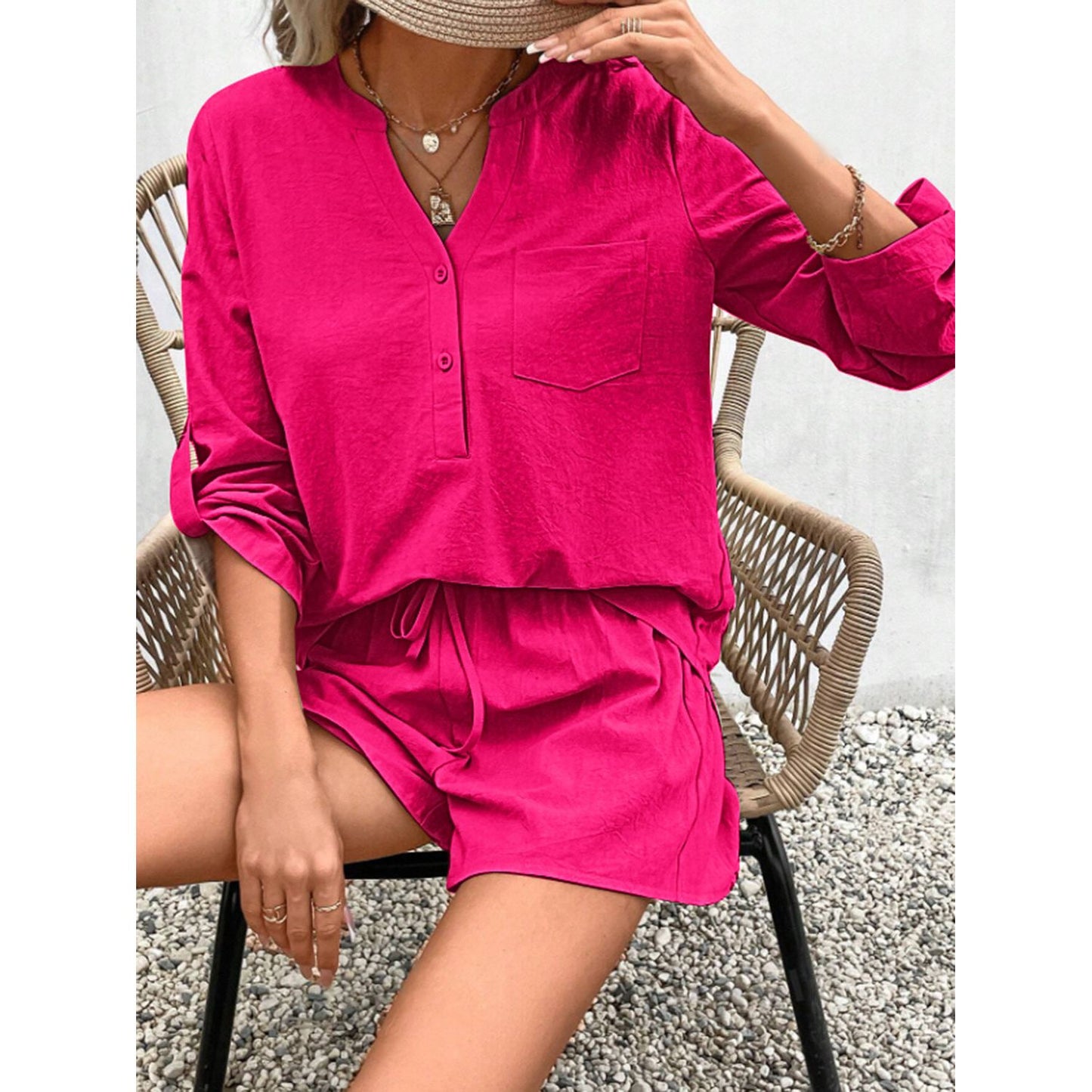 Notched Long Sleeve Top and Shorts Set