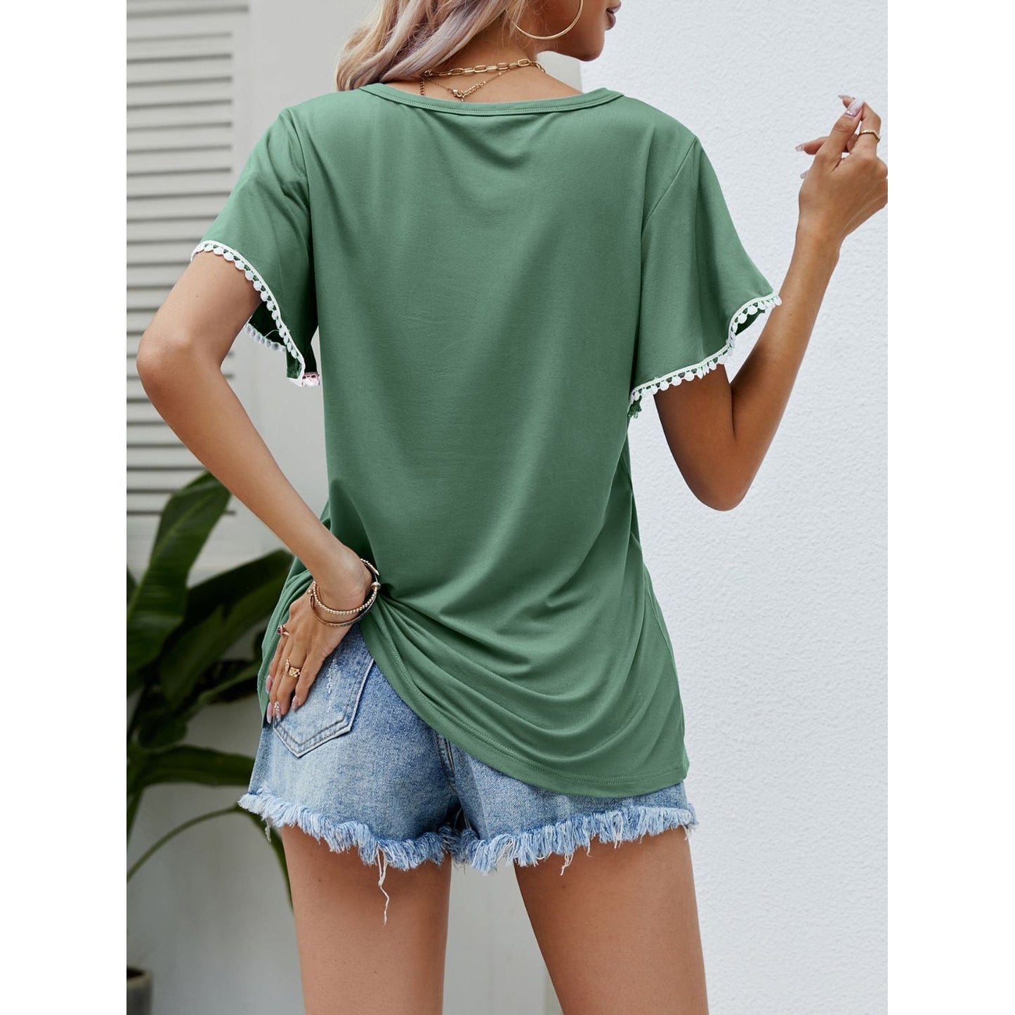 Pom-Pom Trim Flutter Sleeve Round Neck T-Shirt