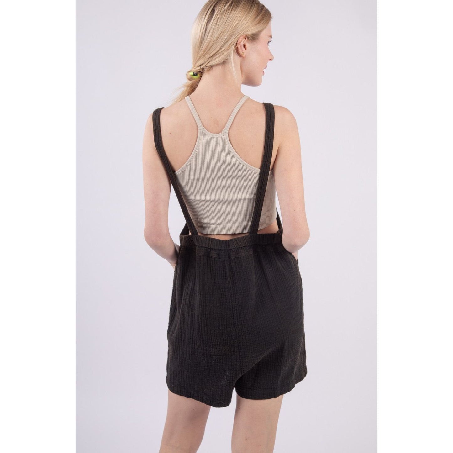 VERY J Sleeveless Double Gauze Overalls with Pockets