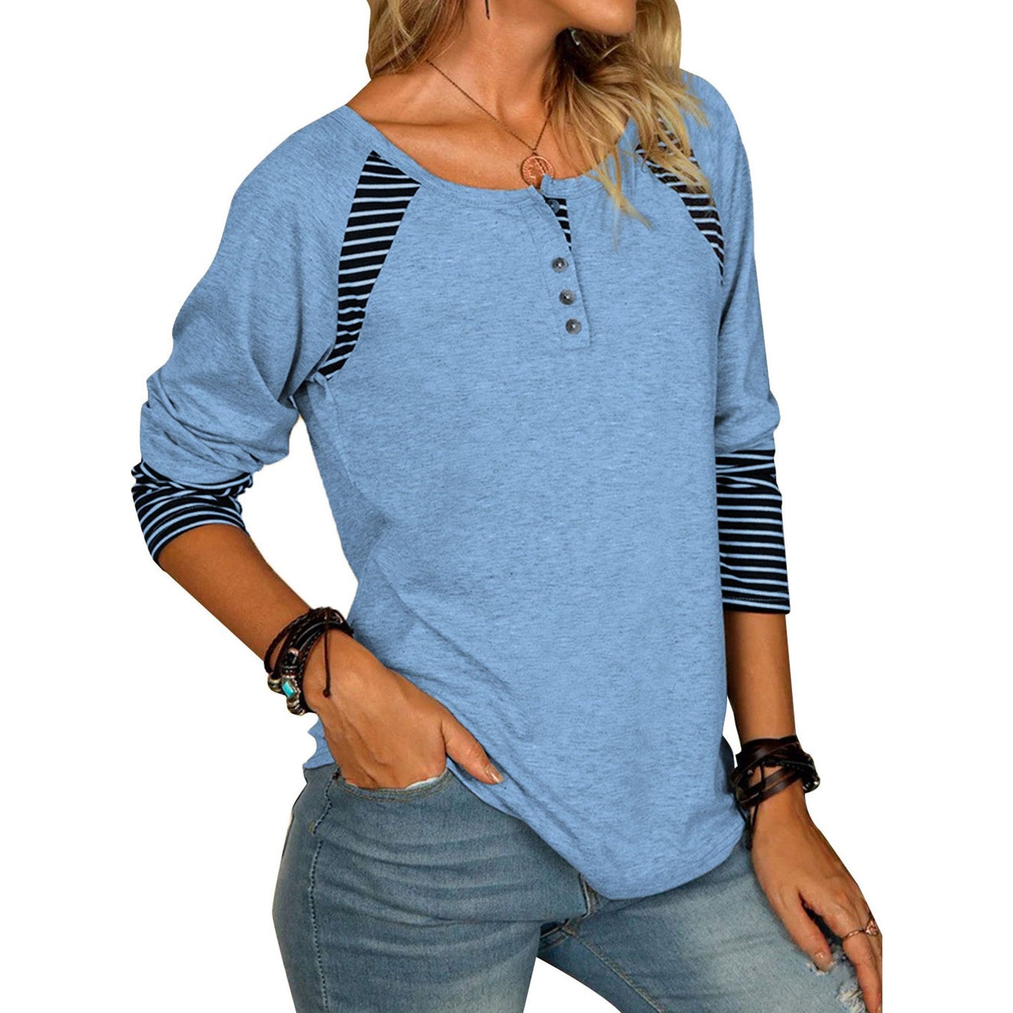 Full Size Striped Quarter Button Long Sleeve T-Shirt