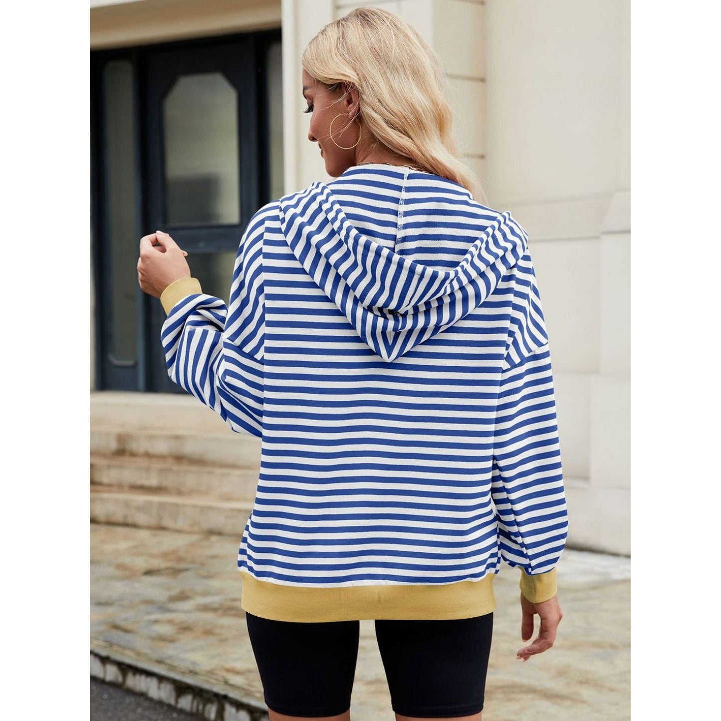 Drawstring Striped Zip Up Long Sleeve Hoodie