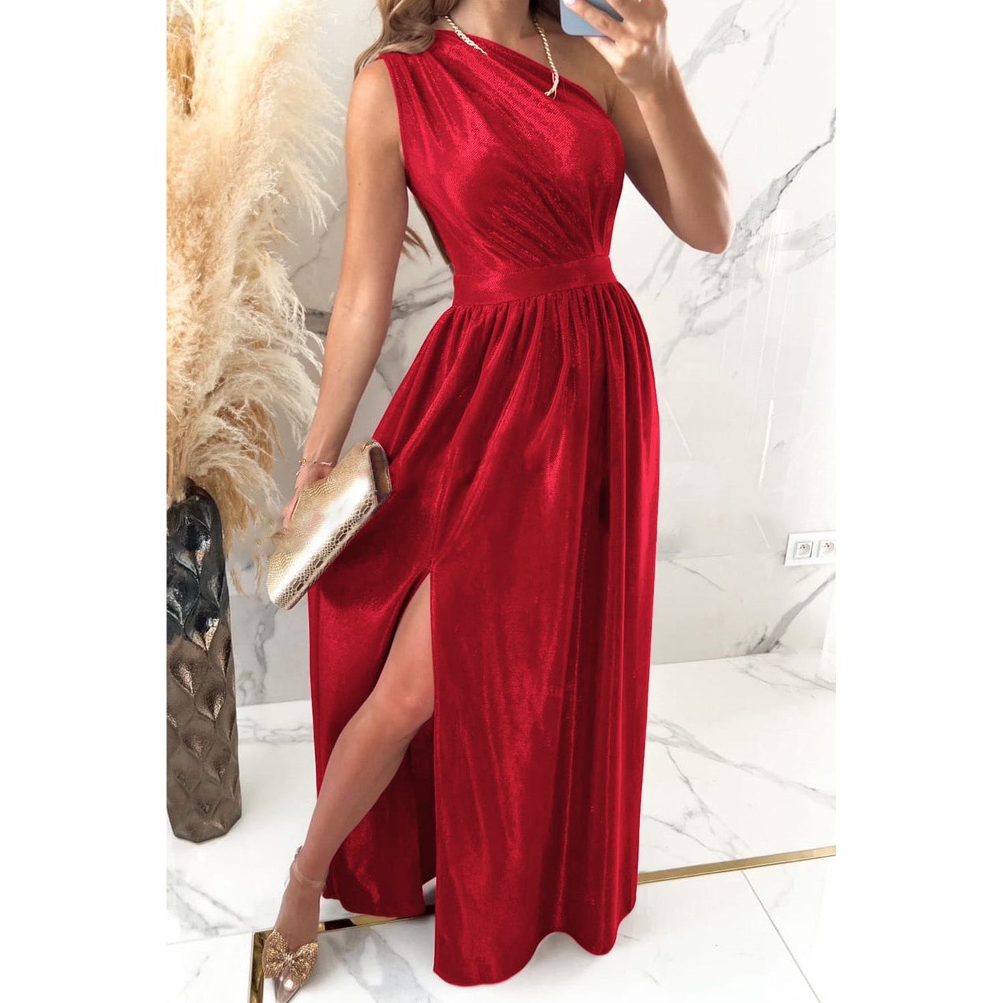 One Shoulder Slit Ruched Maxi Dress