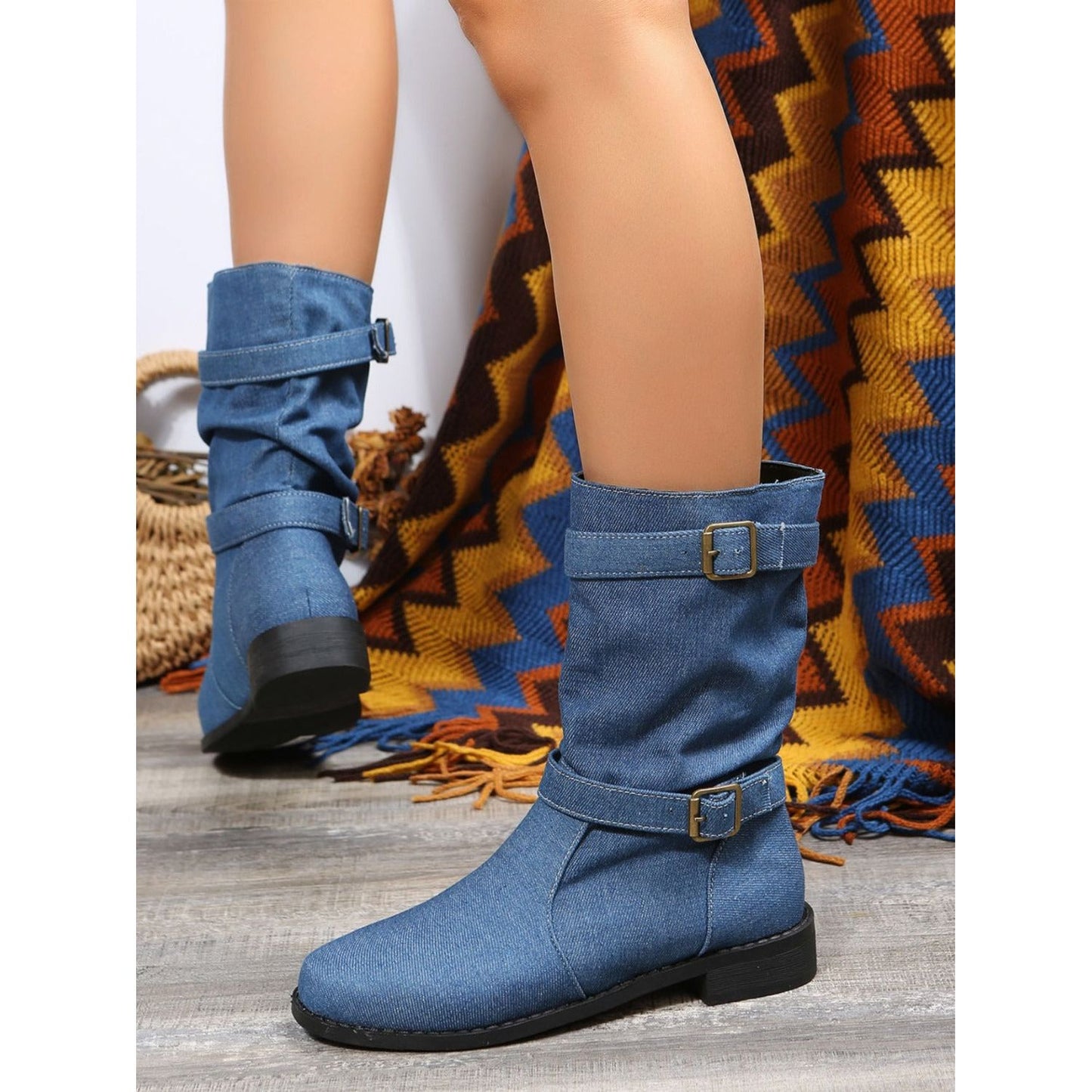 Double Buckle Block Heel Boots