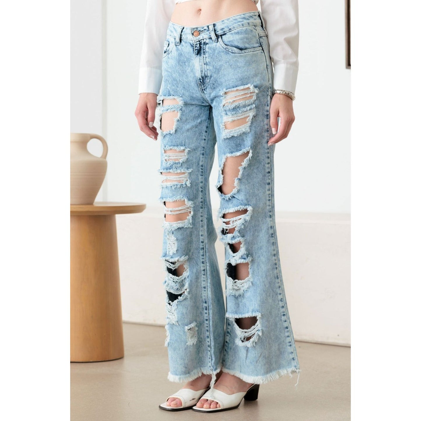 Litz La Distressed Frayed Hem Flare Jeans