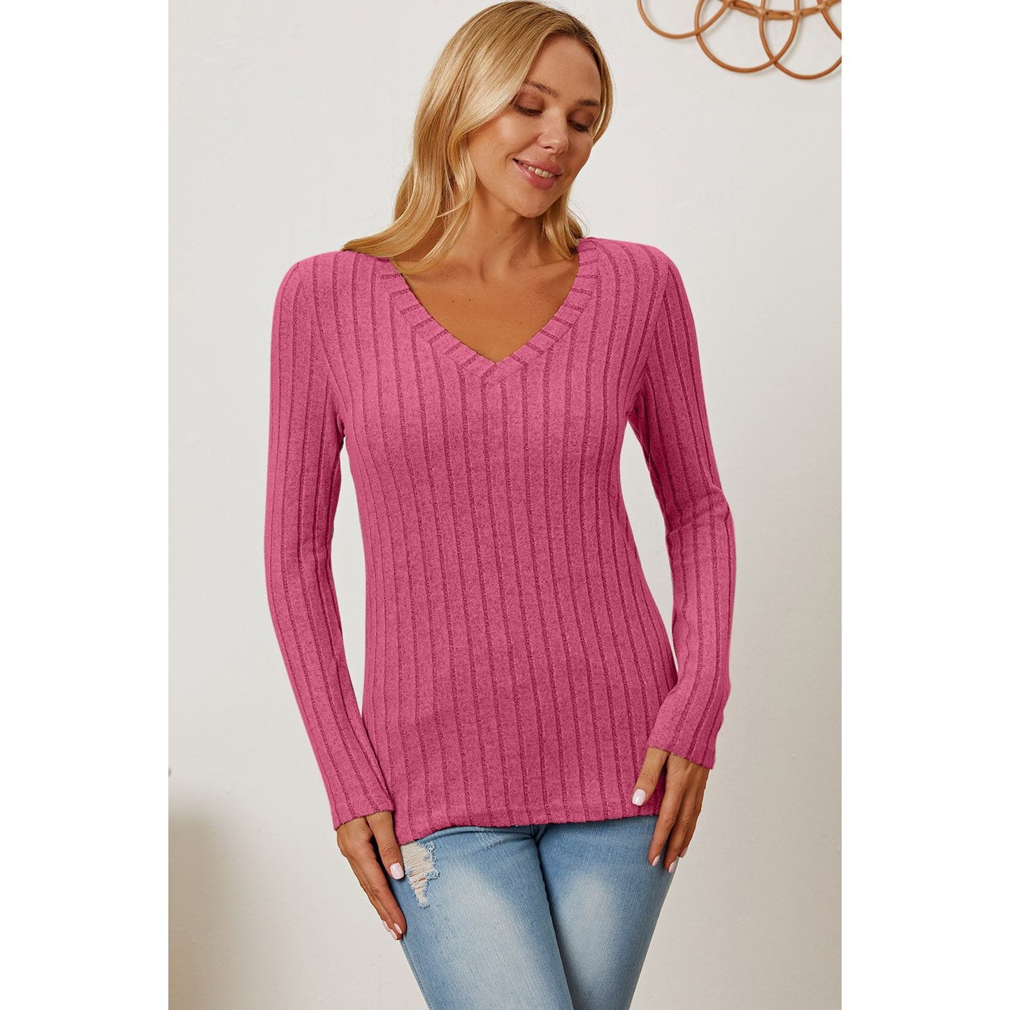 Basic Bae Full Size Ribbed V-Neck Long Sleeve T-Shirt