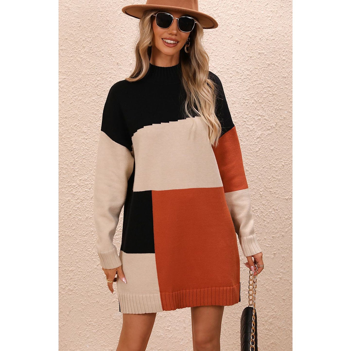 Color Block Mock Neck Dropped Shoulder Sweater Dress