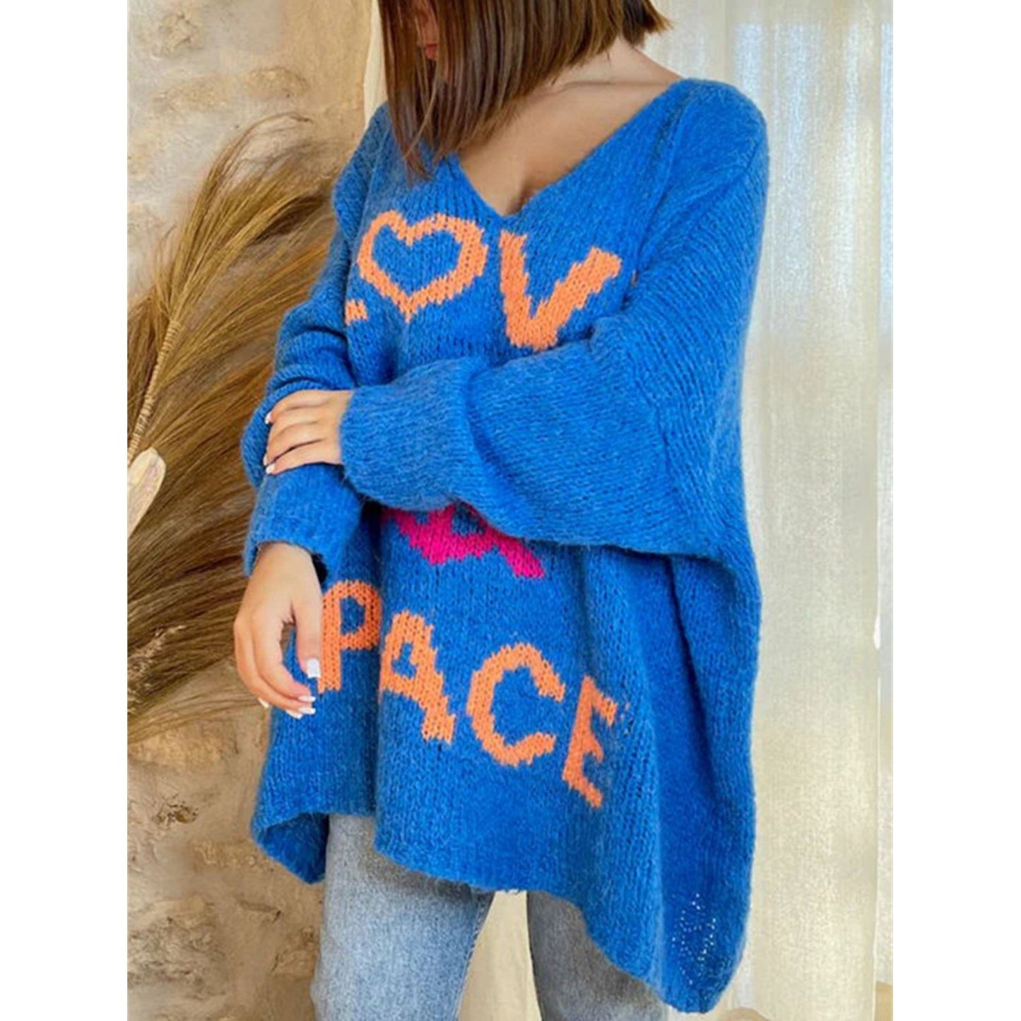 Peace Graphic V-Neck Long Sleeve Sweater