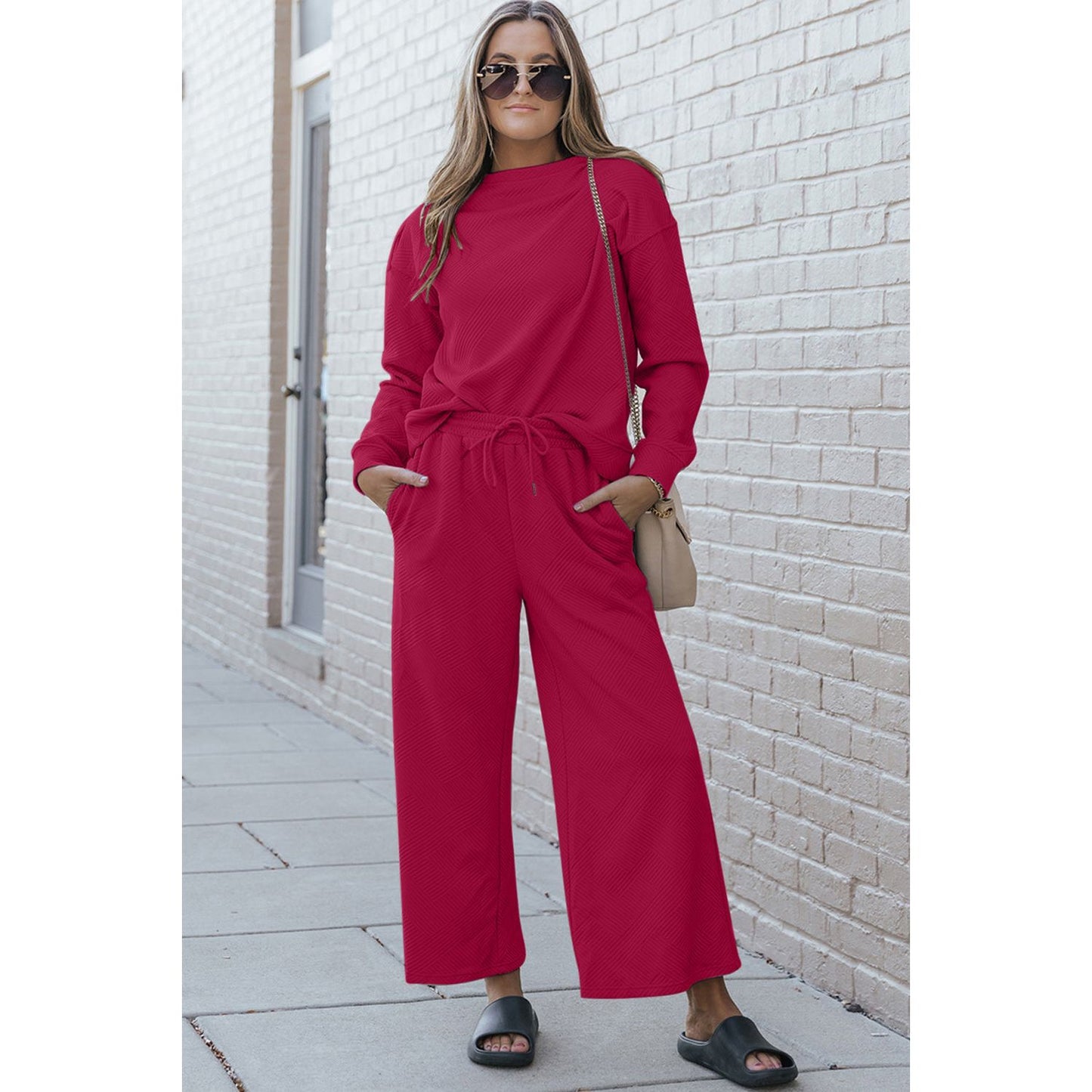 Double Take Full Size Textured Long Sleeve Top and Drawstring Pants Set