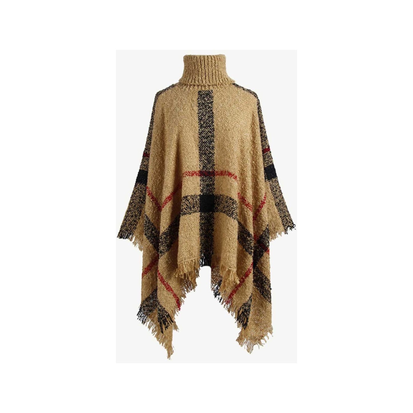 Plaid Turtleneck Raw Hem Poncho