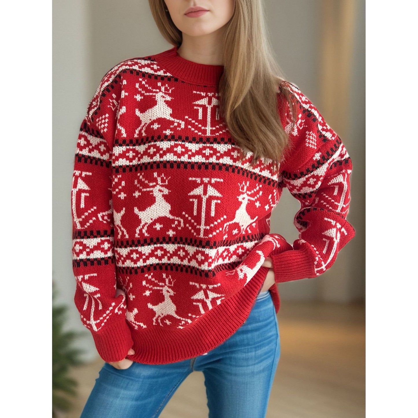 Christmas Element Round Neck Long Sleeve Sweater