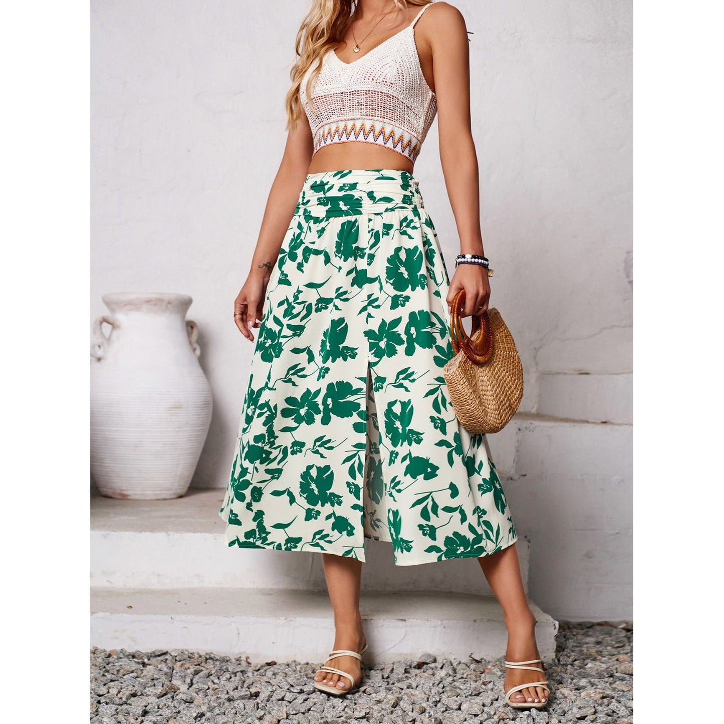 Slit Printed Midi Skirt