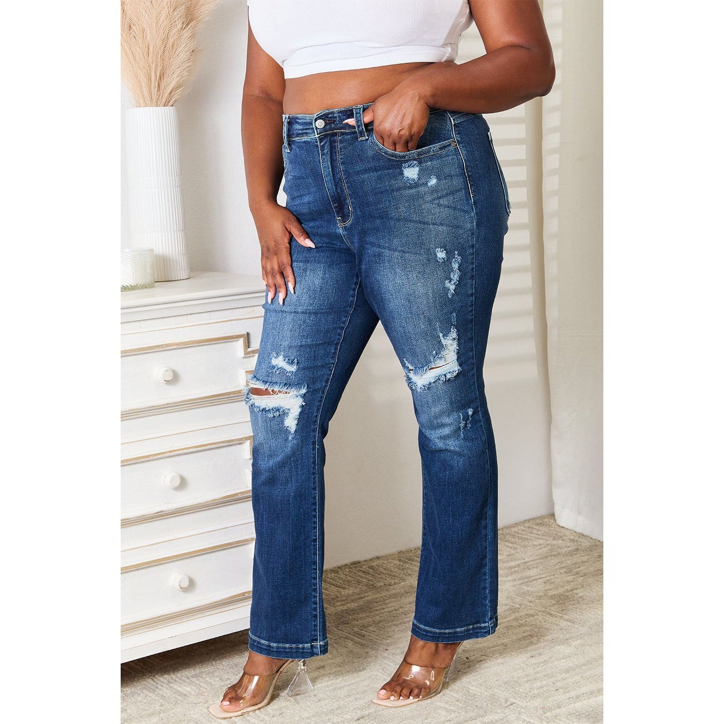 Judy Blue Full Size Mid Rise Hand Sand & Destroy Bootcut Jeans