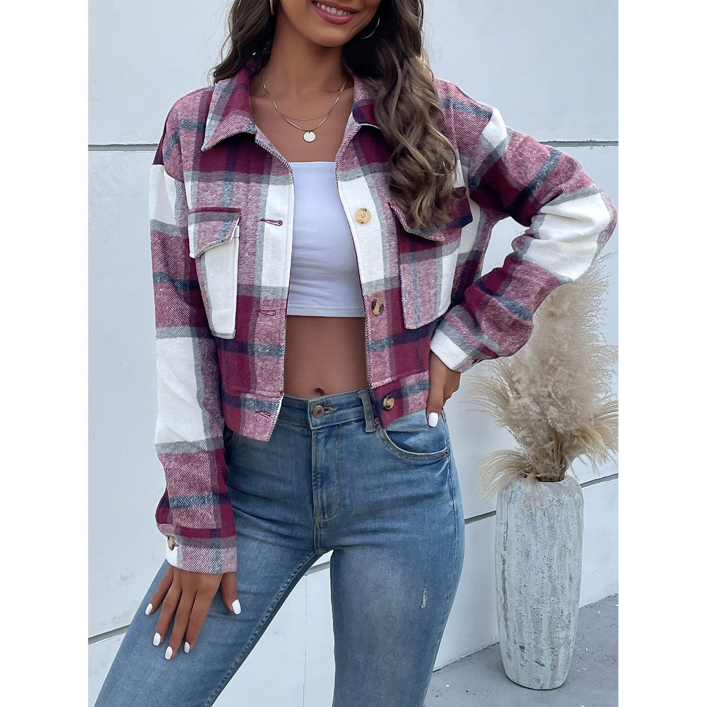 Perfee Plaid Button Up Drop Shoulder Cropped Jacket