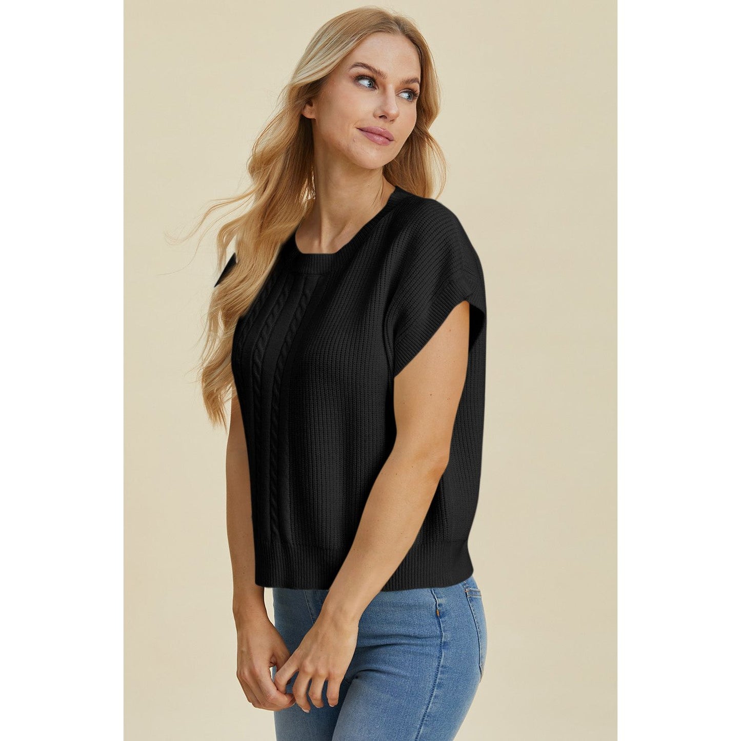 Double Take Full Size Cable-Knit Round Neck Short Sleeve Sweater