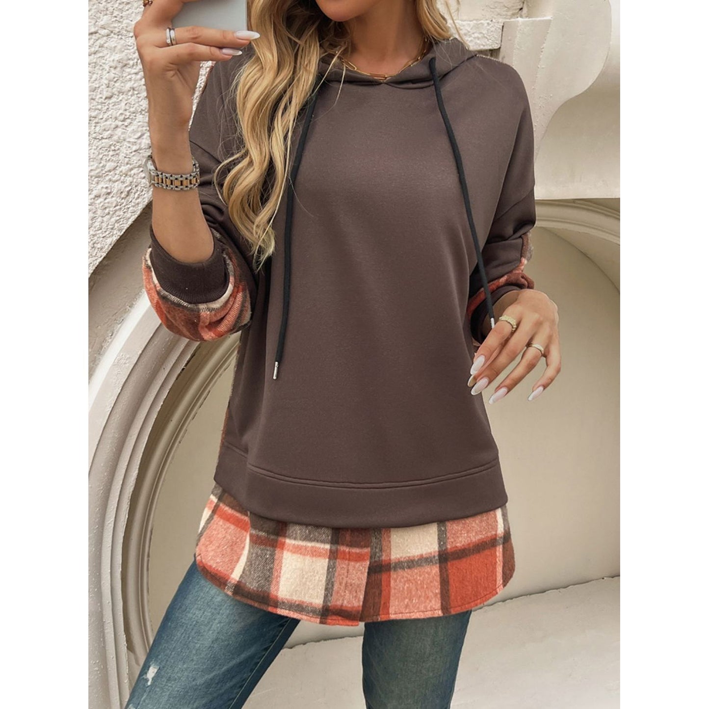 Devine Drawstring Plaid Long Sleeve Hoodie