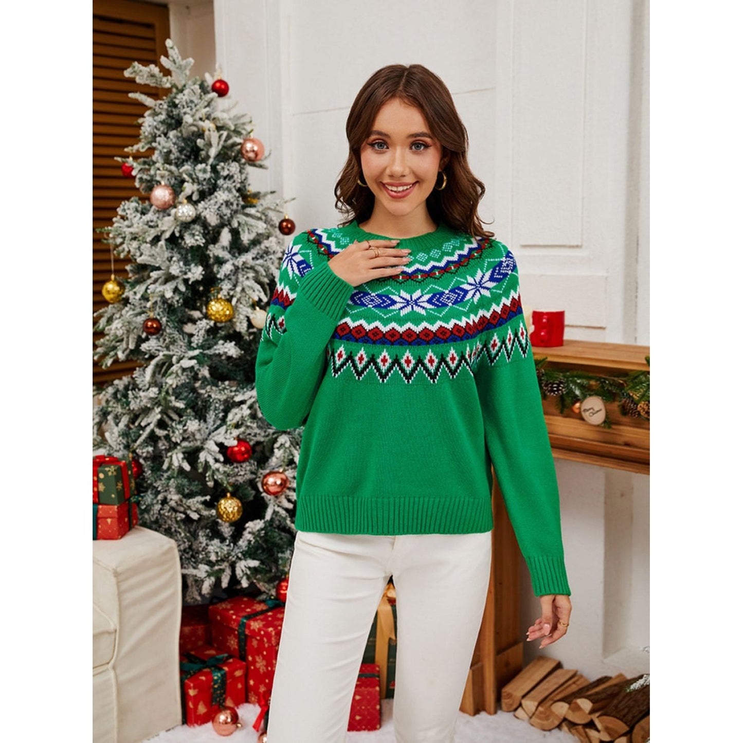 Geometric Round Neck Long Sleeve Sweater