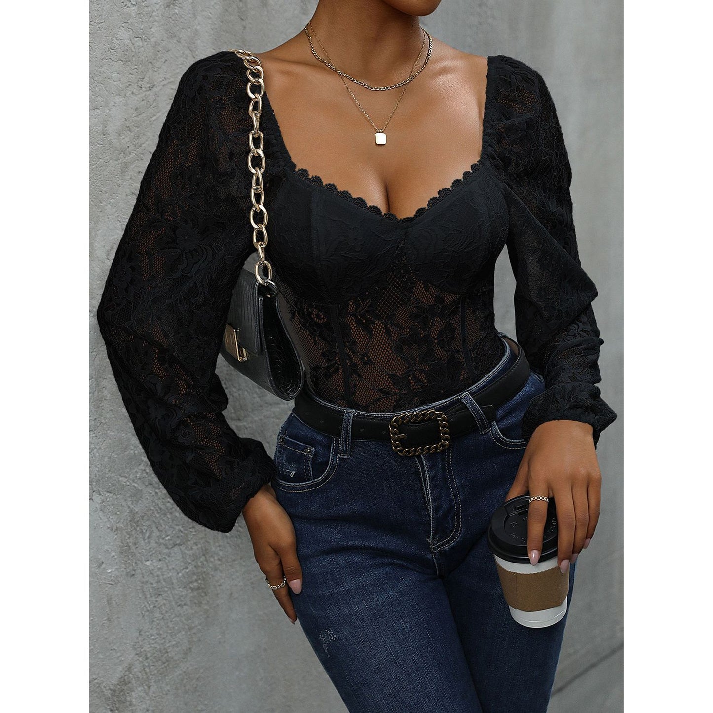 Perfee Lace Balloon Sleeve Bodysuit