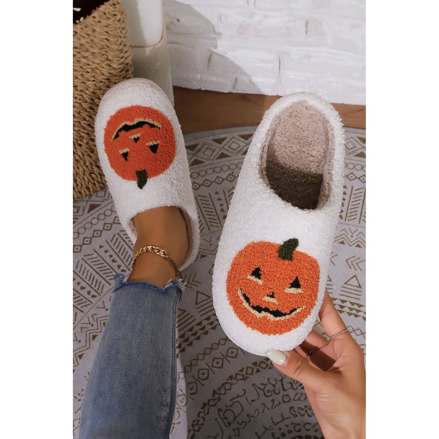 White Halloween Pumpkin Print Plush Slippers (Runs Small, Size Up)