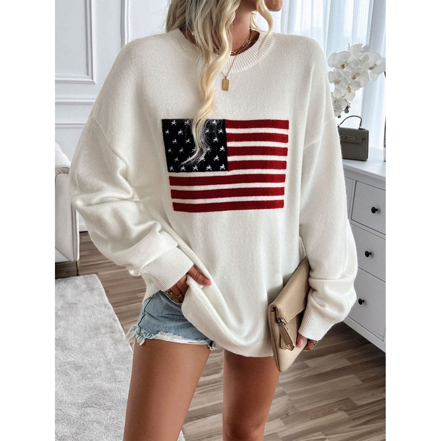 Devine US Flag Round Neck Long Sleeve Knit Top