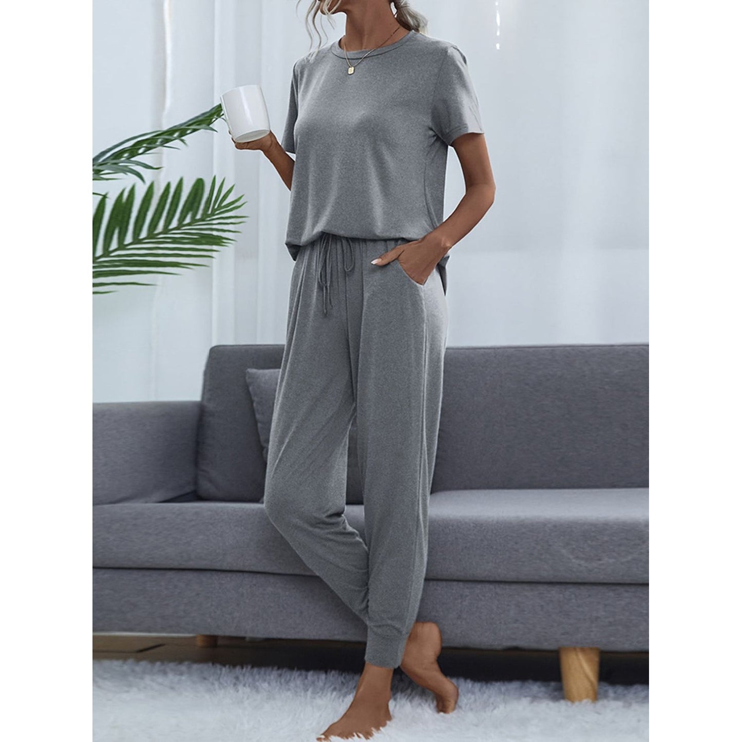 Shiny Round Neck Short Sleeve Top and Pants Set