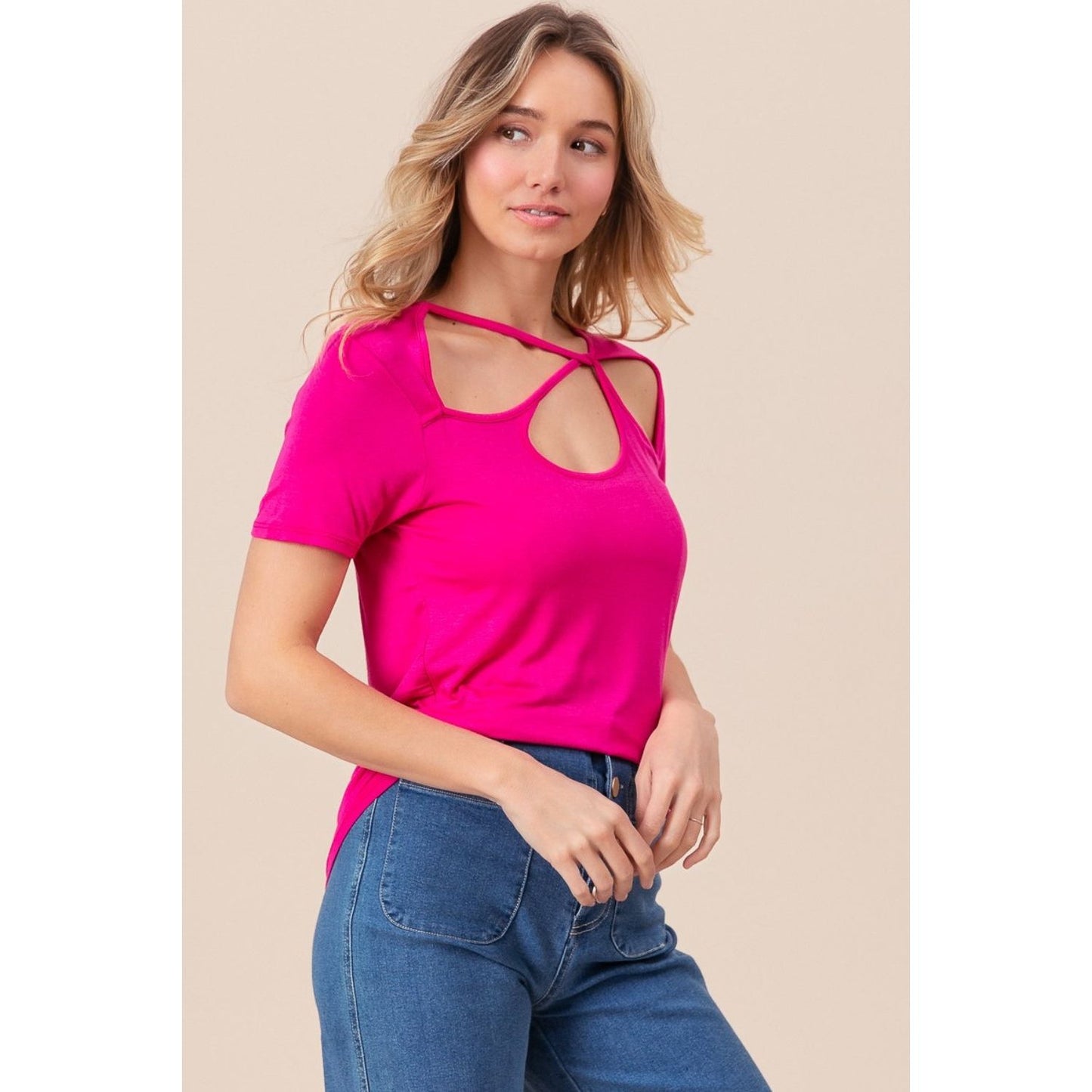 BiBi Cutout Asymmetrical Neck Short Sleeve T-Shirt