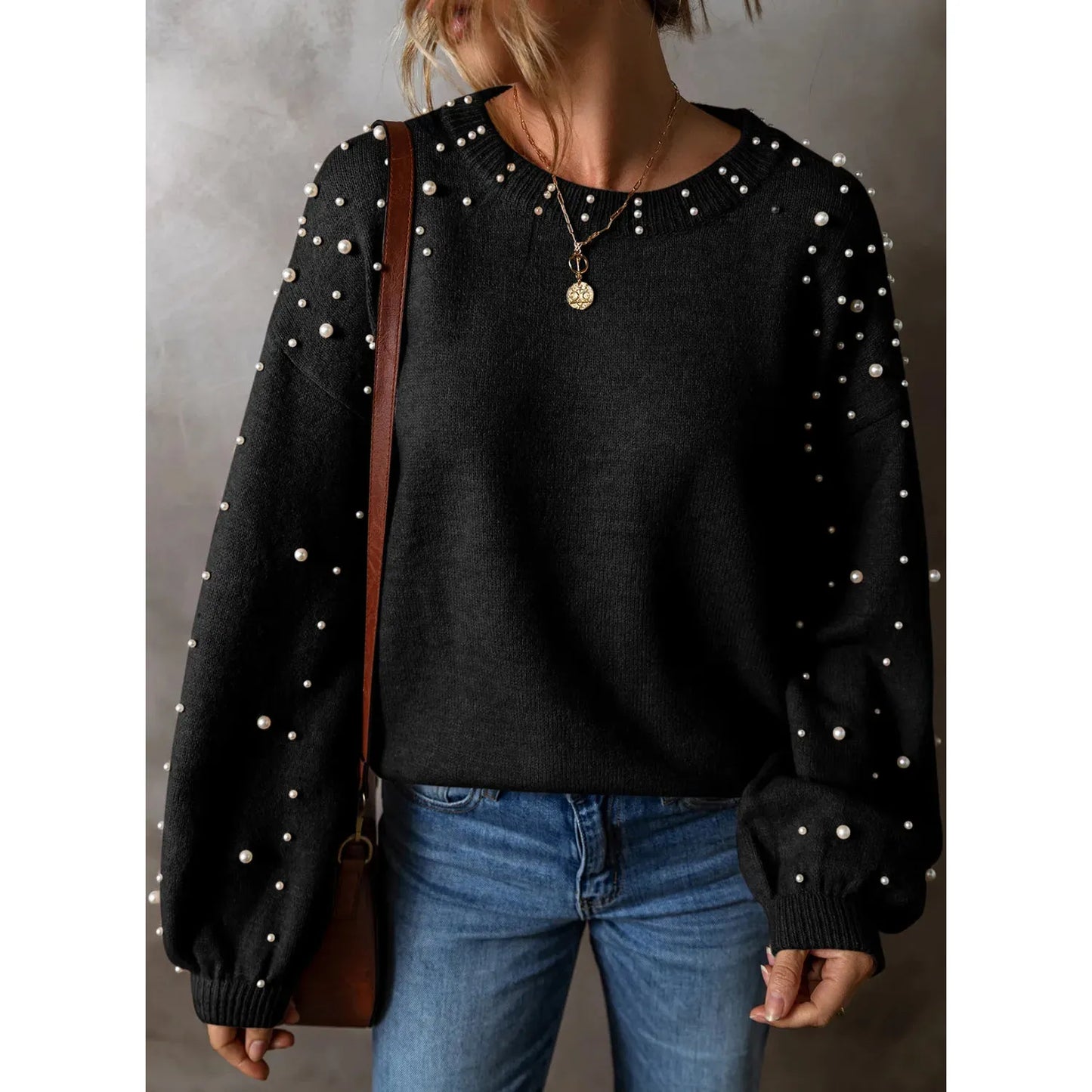 Pearl Detail Round Neck Long Sleeve Sweater