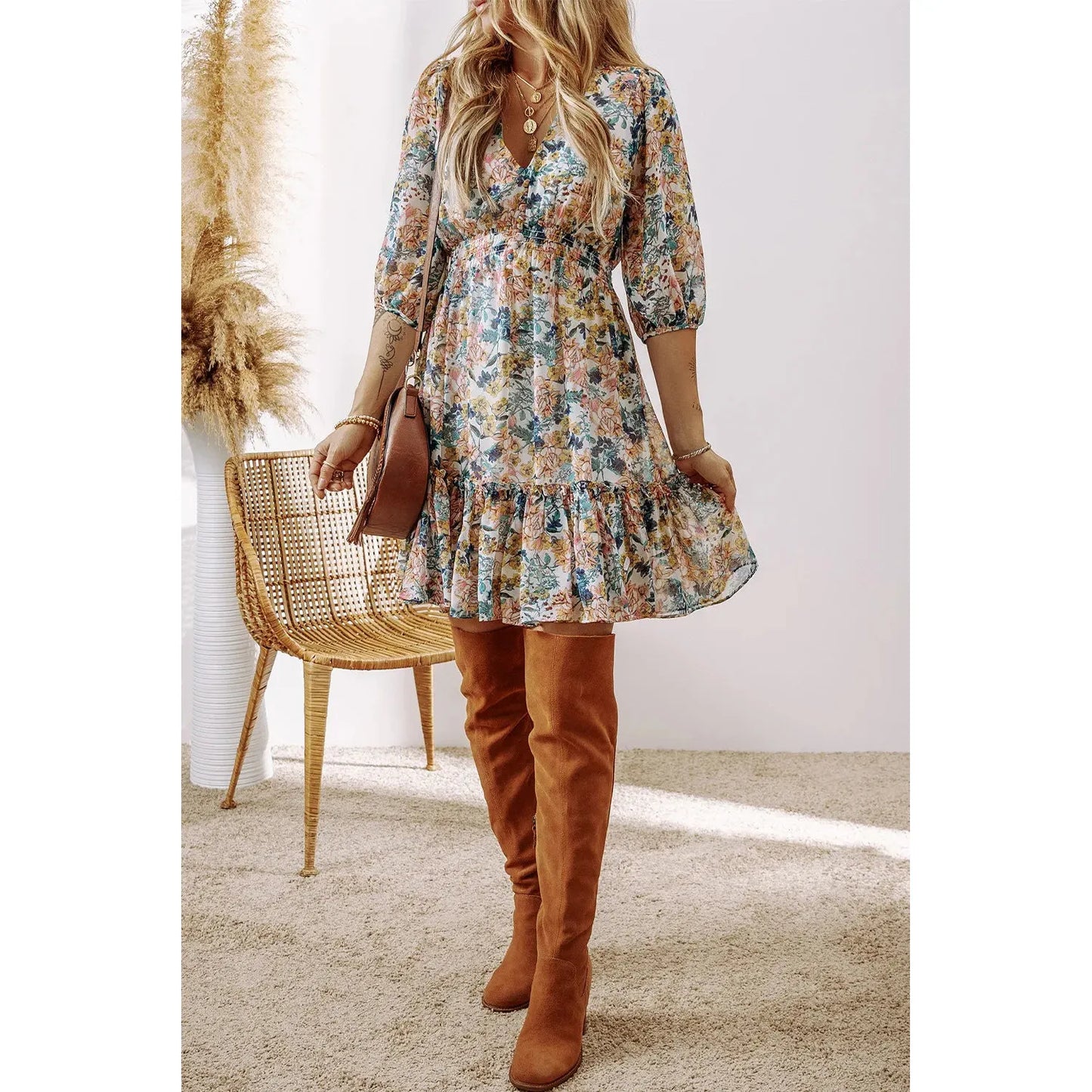 Printed V-Neck Half Sleeve Dress