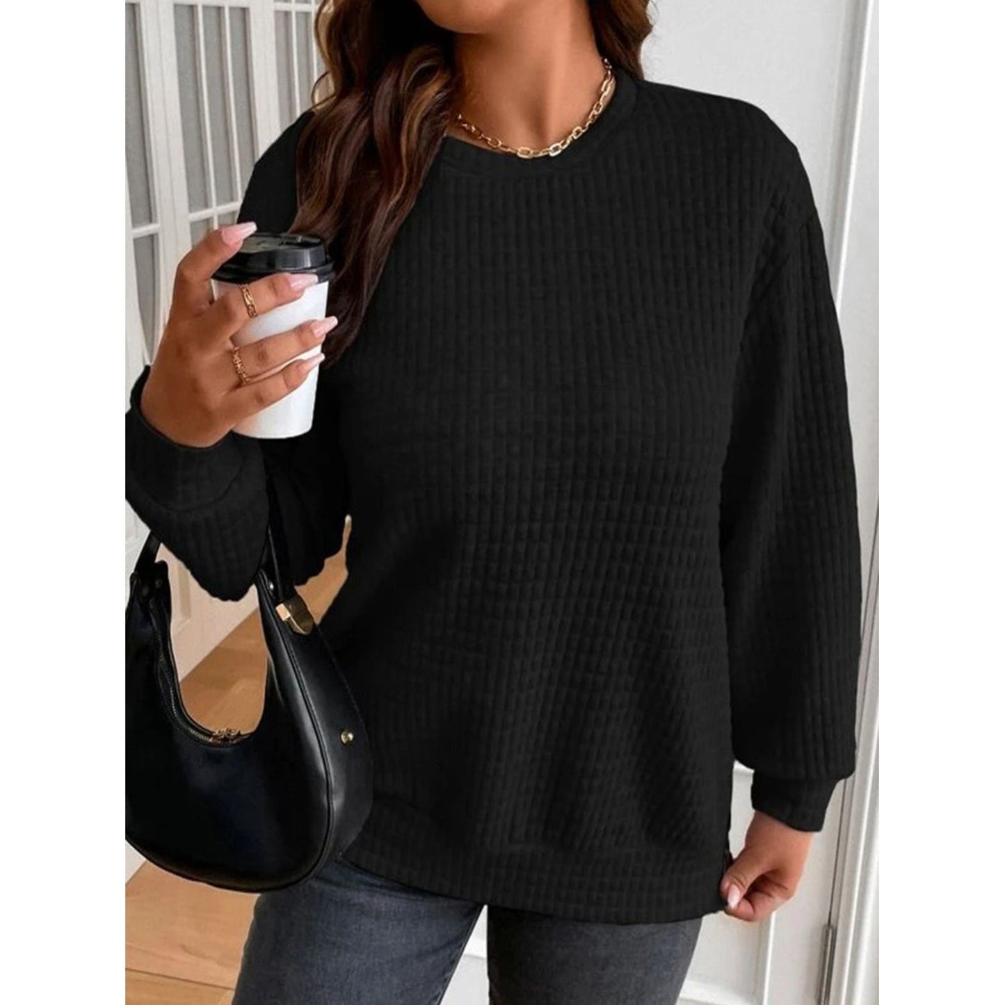 Texture Round Neck Long Sleeve Sweatshirt