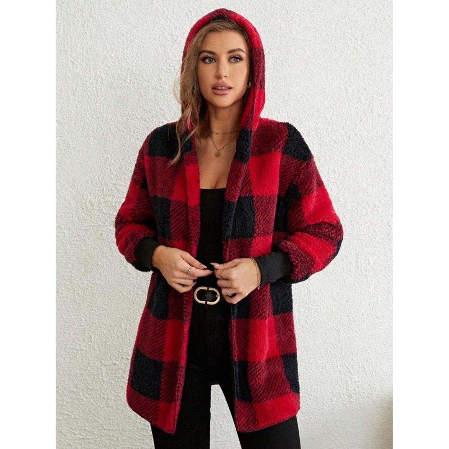 Plaid Long Sleeve Hooded Coat