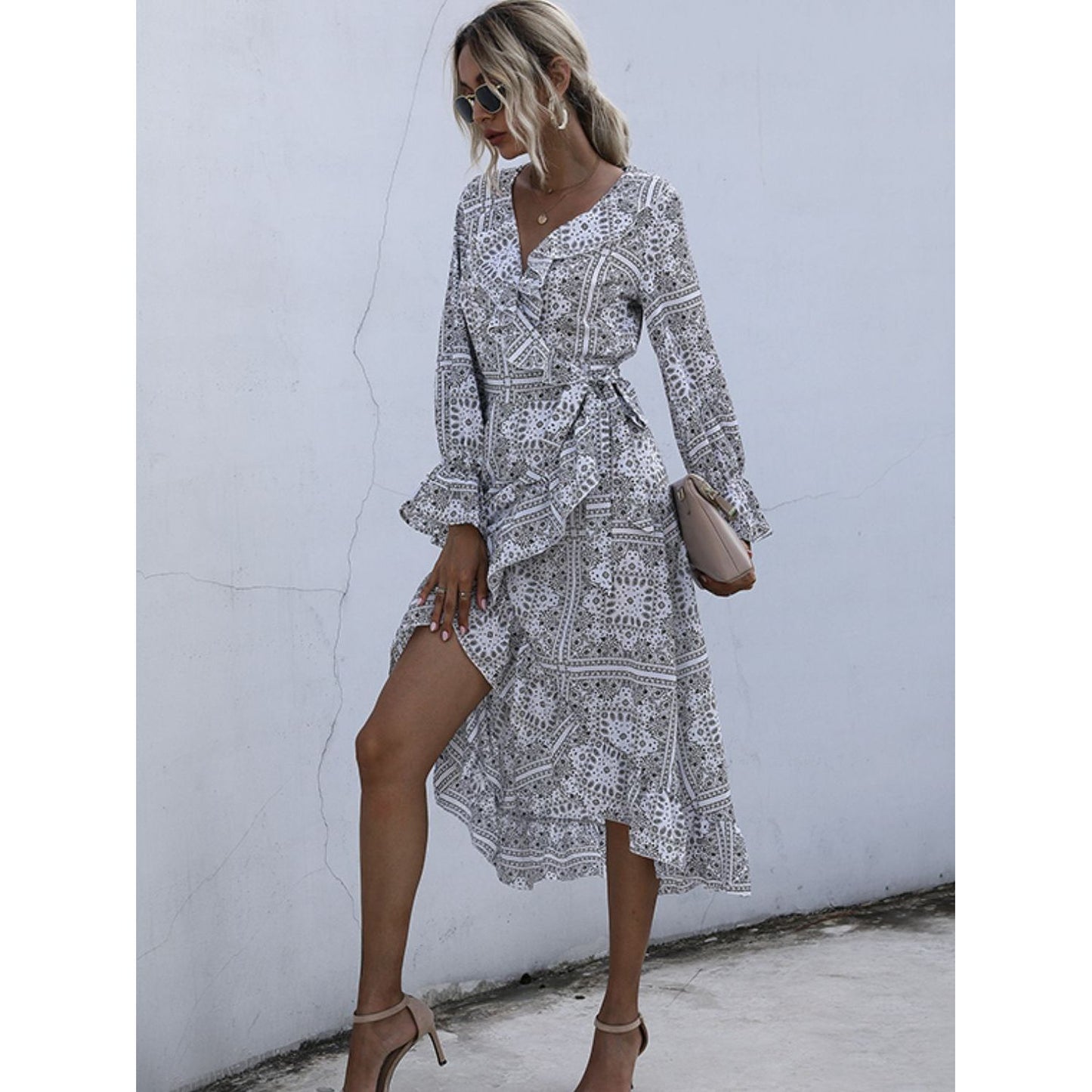 Perfee Ruffled Slit Surplice Long Sleeve Dress