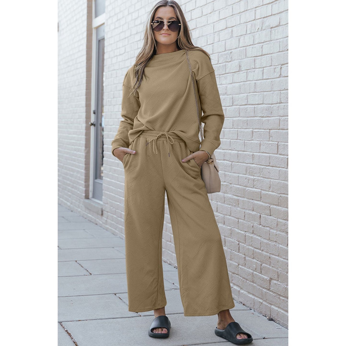 Double Take Full Size Textured Long Sleeve Top and Drawstring Pants Set