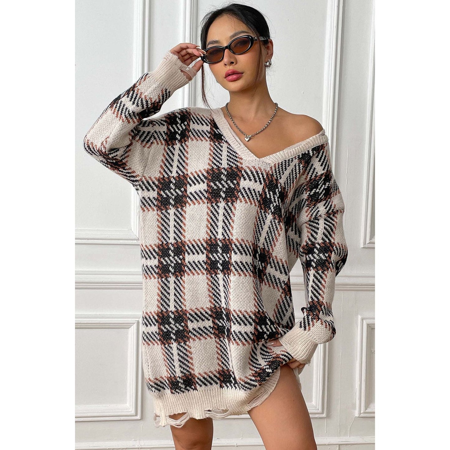 Plaid V-Neck Long Sleeve Sweater Dress