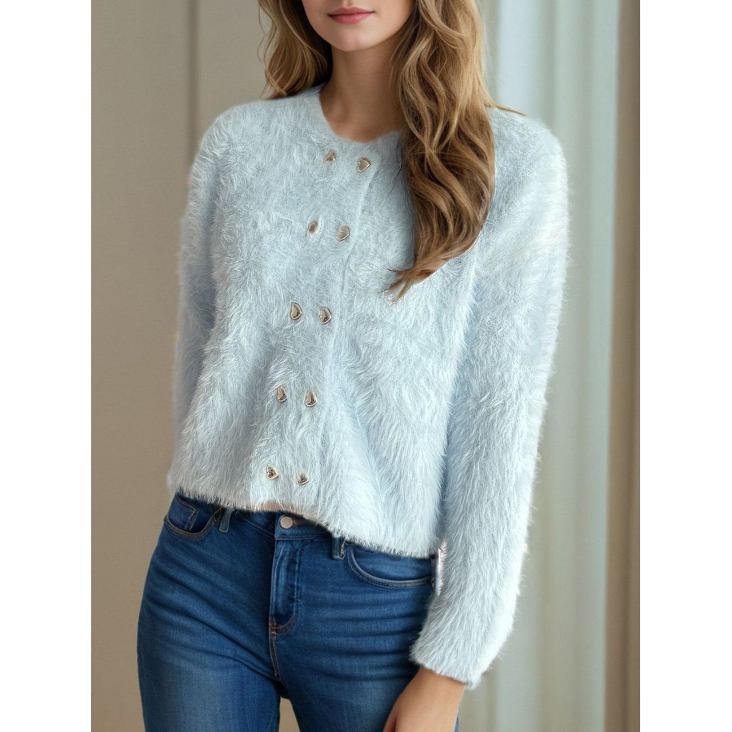 Heart Button Round Neck Cardigan