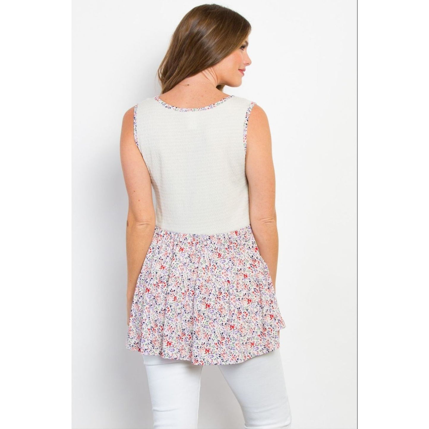 Be Stage Full Size Smocked Printed Peplum Sleeveless Top