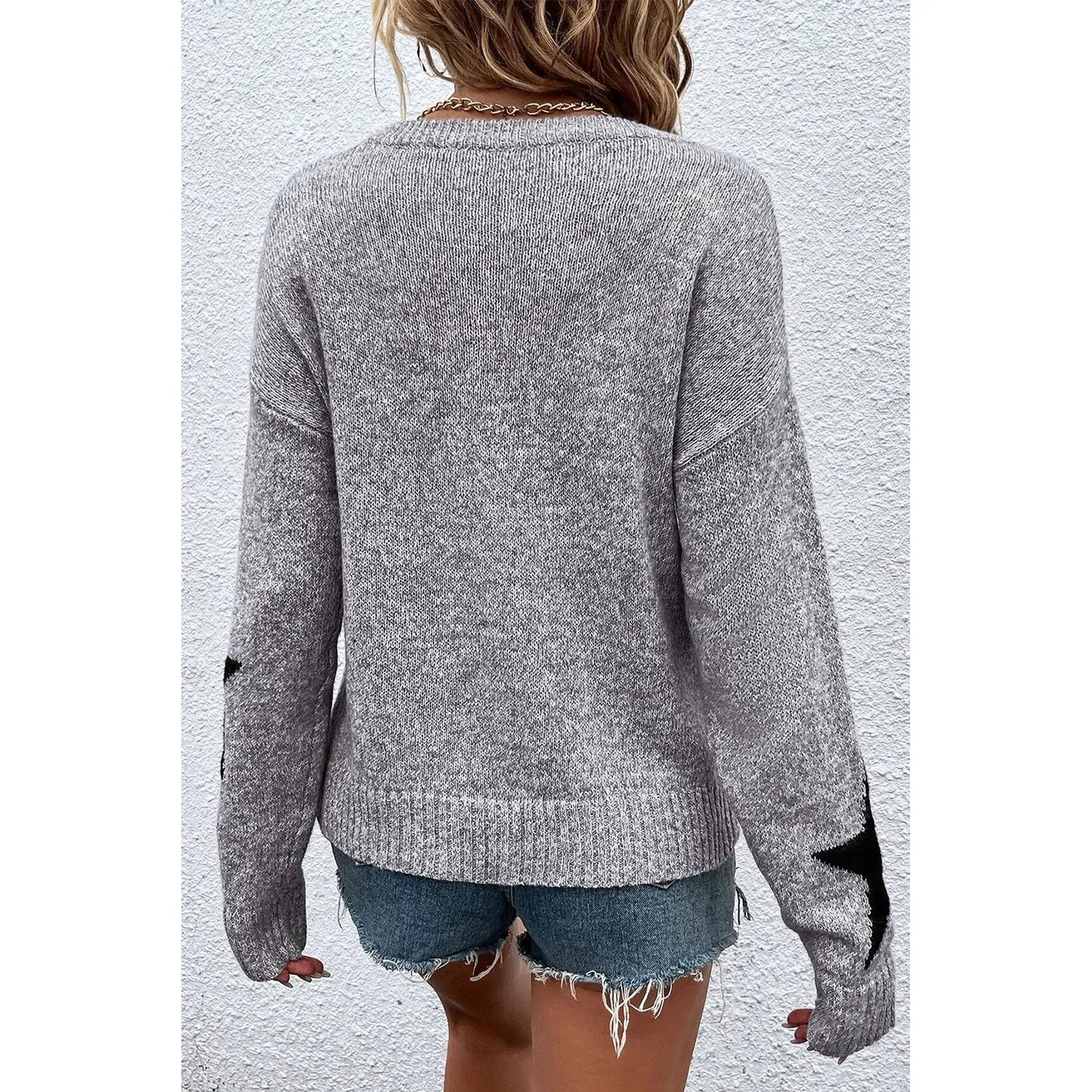 Star Round Neck Dropped Shoulder Sweater