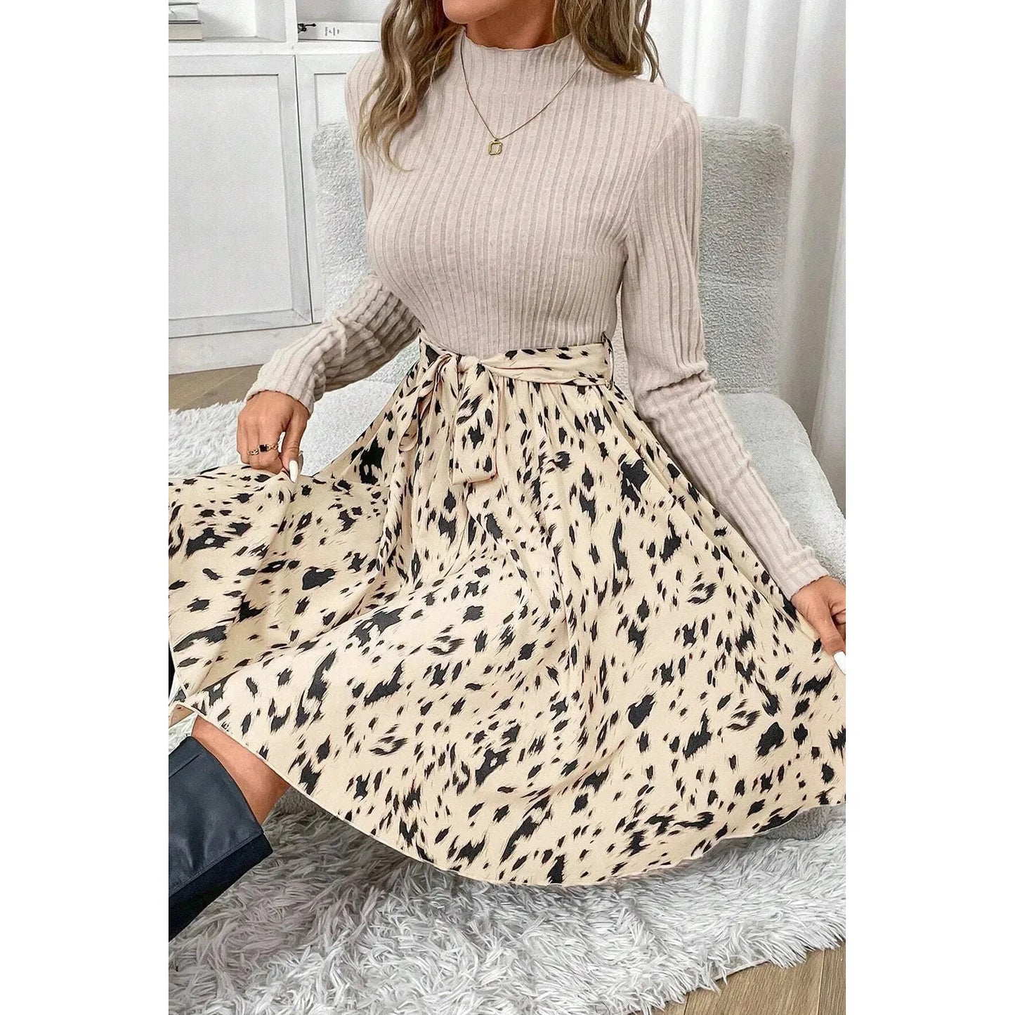 Tied Printed Mock Neck Long Sleeve Dress