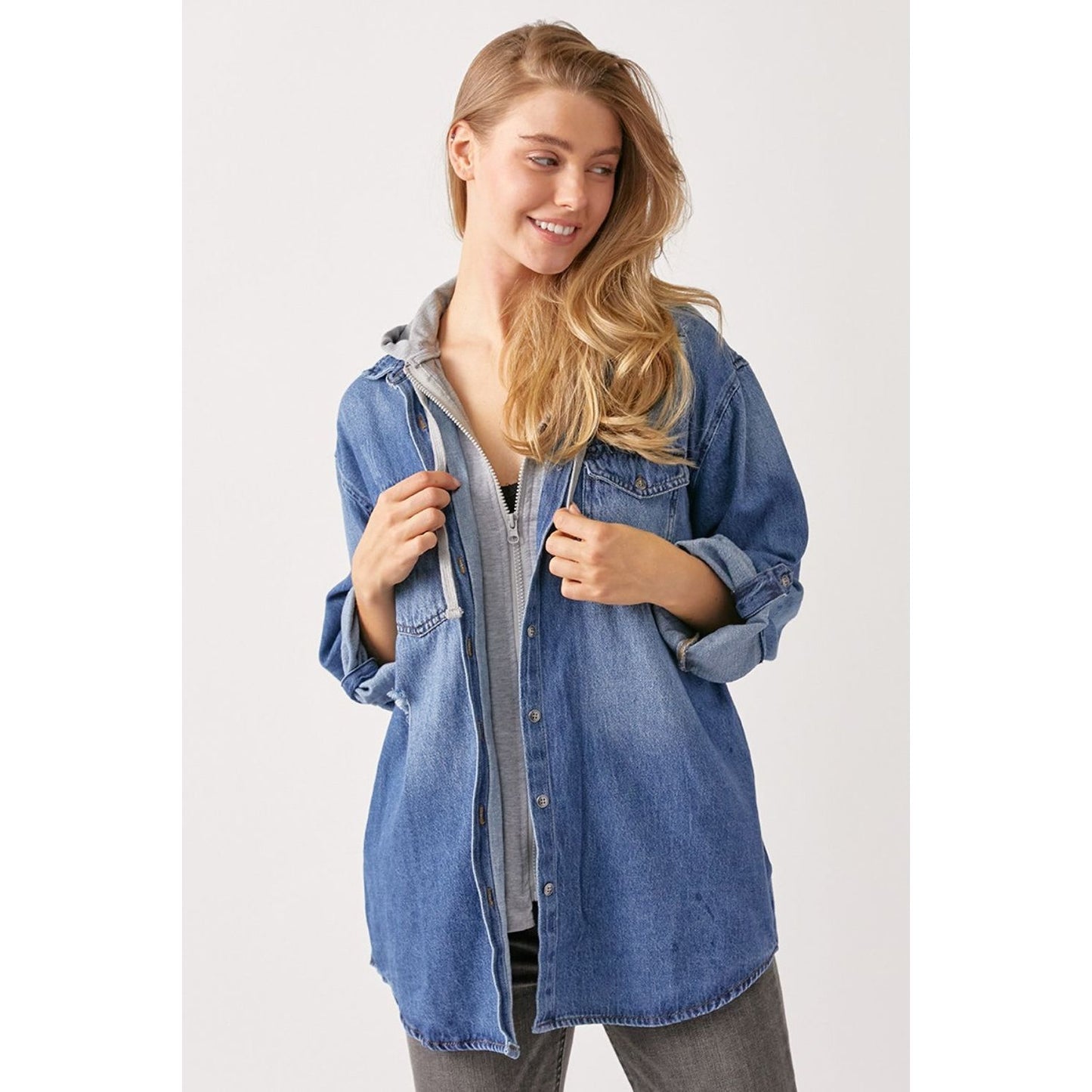 RISEN Zip Up Hooded Denim Shirt